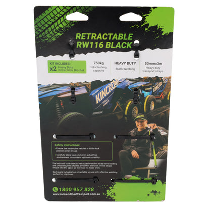 Pair of Black Retractable Ratchet Straps with Safety Clips 50mm Wide 3m Long - RW116